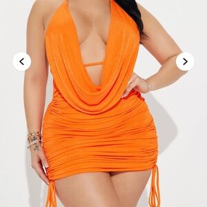 Fashion Nova Orange Cowl Neck Ruched Mini Dress